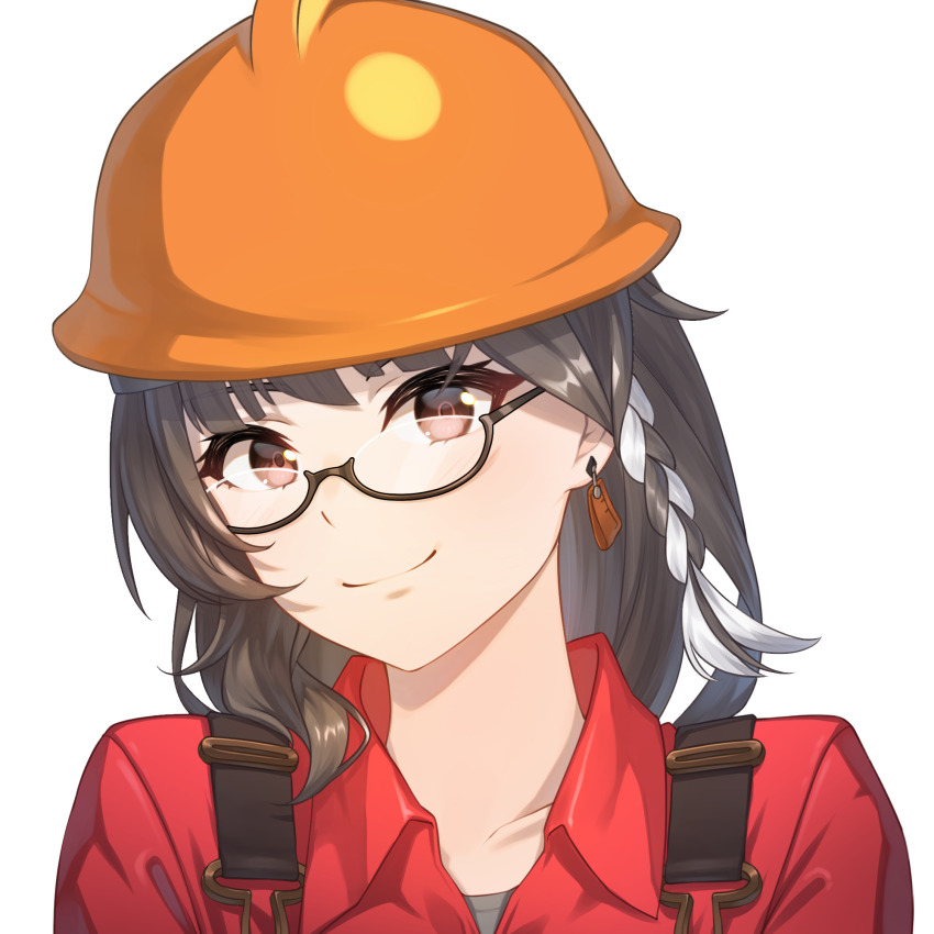 1girl acrylicstroke braid brown_eyes brown_hair closed_mouth collared_shirt commission commissioner_upload cosplay earrings engineer engineer_(tf2) engineer_(tf2)_(cosplay) entropy_(honkai_impact_3rd) female_dreamseeker_(honkai_impact) glasses helmet highres honkai_(series) honkai_impact_3rd jewelry long_hair looking_at_viewer non-web_source red_engineer_(tf2) red_shirt semi-rimless_eyewear shirt smile solo team_fortress_2 transparent_background upper_body