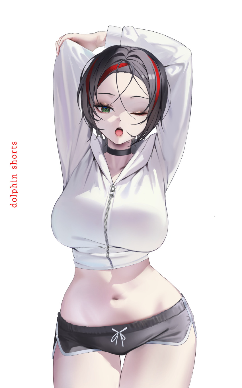 1girl ;o absurdres alternate_costume arms_up black_choker black_hair breasts choker commentary cowboy_shot crop_top crow_(nikke) dolphin_shorts english_text goddess_of_victory:_nikke green_eyes highres large_breasts midriff multicolored_hair navel one_eye_closed red_hair short_hair shorts simple_background solo streaked_hair thighs two-tone_hair uyuri_(89976220) white_background white_hood
