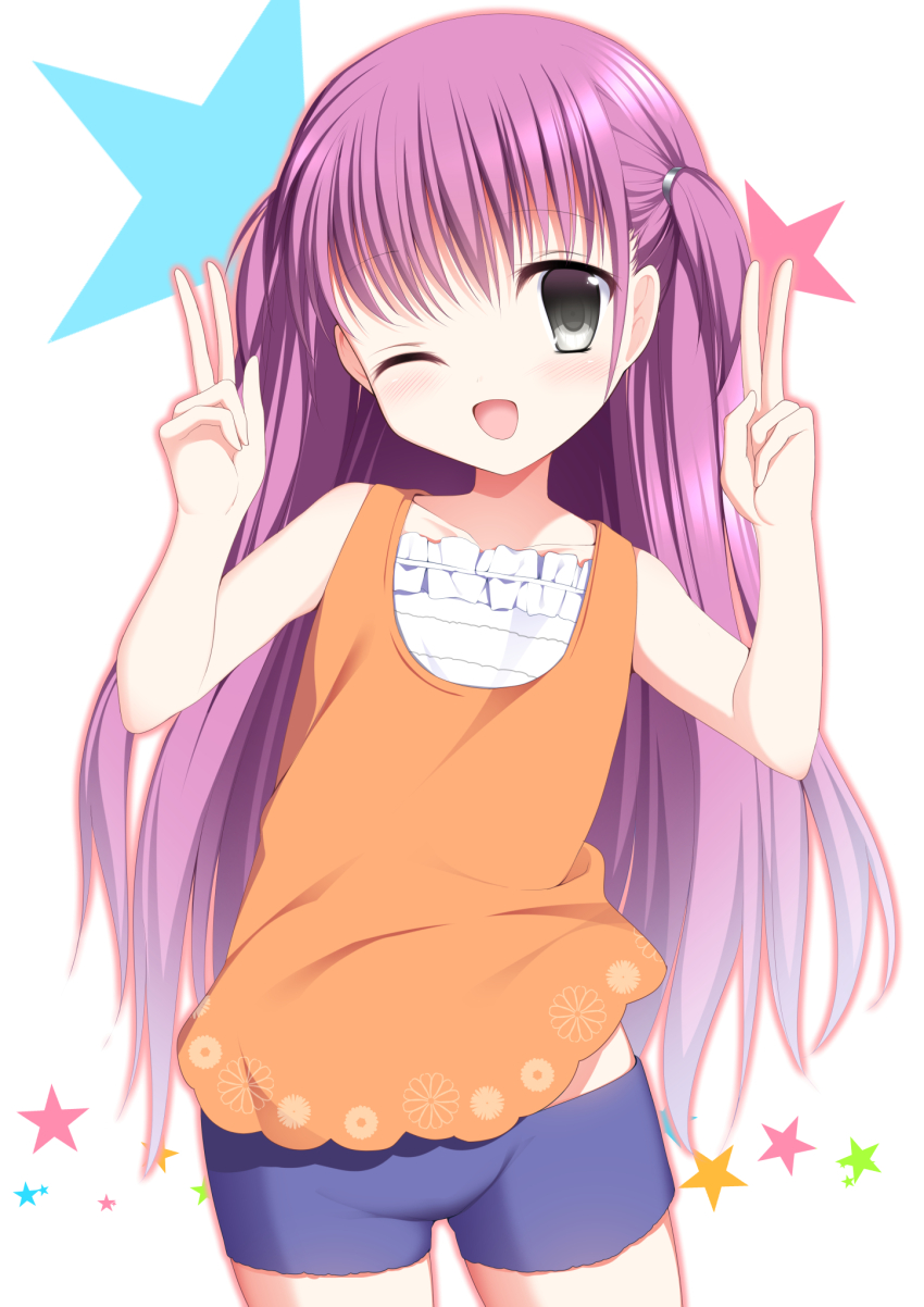 1girl ;d bare_arms blue_shorts blush child commentary_request cowboy_shot double_v eh8t4brhagdnna0 grey_eyes hair_between_eyes hands_up happy highres katou_umi long_hair looking_at_viewer one_eye_closed open_mouth orange_shirt outline pink_hair pink_outline shirt shorts simple_background sleeveless sleeveless_shirt smile solo star_(symbol) straight_hair summer_pockets two_side_up v very_long_hair white_background