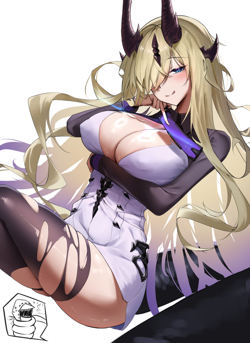 1girl 1other absurdres arknights arm_under_breasts black_horns black_thighhighs blonde_hair blue_eyes breasts cleavage commentary_request covered_erect_nipples crossed_legs doctor_(arknights) dragon_horns dragon_tail dress necrass_(arknights) hair_over_one_eye highres horns large_breasts licking_lips long_hair simple_background tail tail_wrap thighhighs thighs tongue tongue_out torn_clothes torn_thighhighs very_long_hair white_background white_dress yuki_(yuki_yu_owo)
