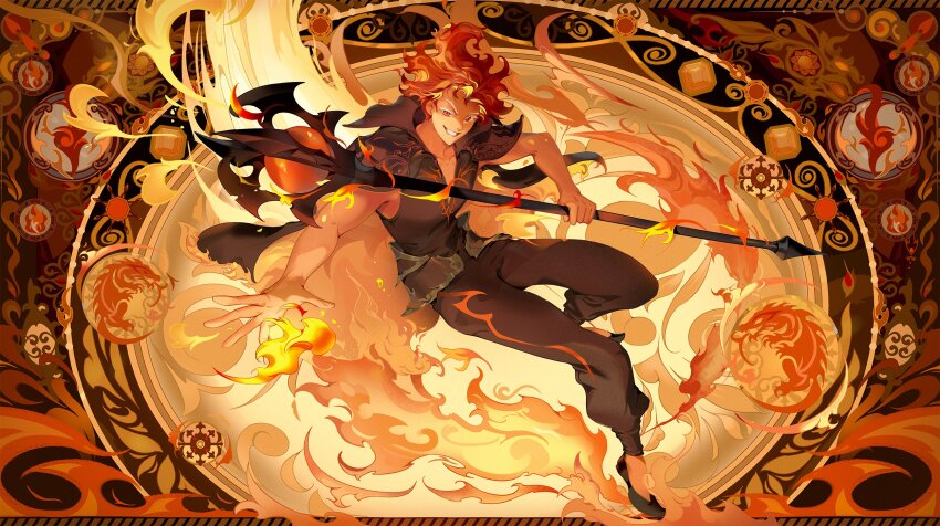 1boy bandal black_pants black_shoes collarbone cookie_run fiery_hair fire fire_spirit_cookie grin highres holding holding_staff male_focus orange_eyes orange_hair pants pyrokinesis red_hair shoes short_hair smile solo staff
