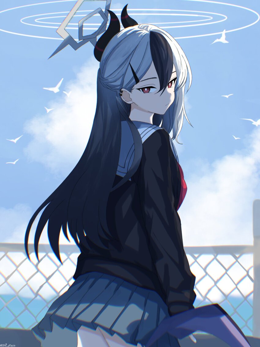1girl alternate_costume black_jacket blue_archive demon_girl demon_horns demon_tail ear_piercing from_behind hair_between_eyes hair_ornament hairclip highres horns jacket kayoko_(blue_archive) long_hair looking_at_viewer looking_back multicolored_hair piercing red_eyes red_ribbon ribbon sailor_collar shi_draco sidelocks skirt tail white_sailor_collar white_skirt
