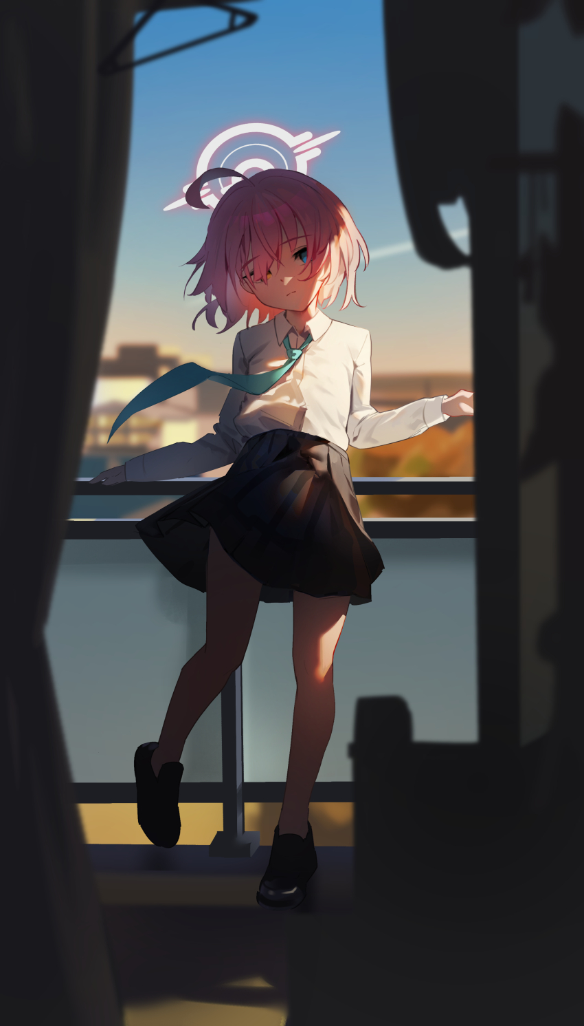 1girl absurdres ahoge aqua_necktie bare_legs black_shoes black_skirt blue_archive blurry blurry_background commentary empty_eyes expressionless floating_clothes from_inside full_body halo head_tilt heterochromia highres hoshino_(blue_archive) hoshino_(first_year)_(blue_archive) looking_at_viewer necktie pink_hair pleated_skirt qianyuu_(senba) shirt shirt_tucked_in shoes short_hair skirt sneakers solo white_shirt