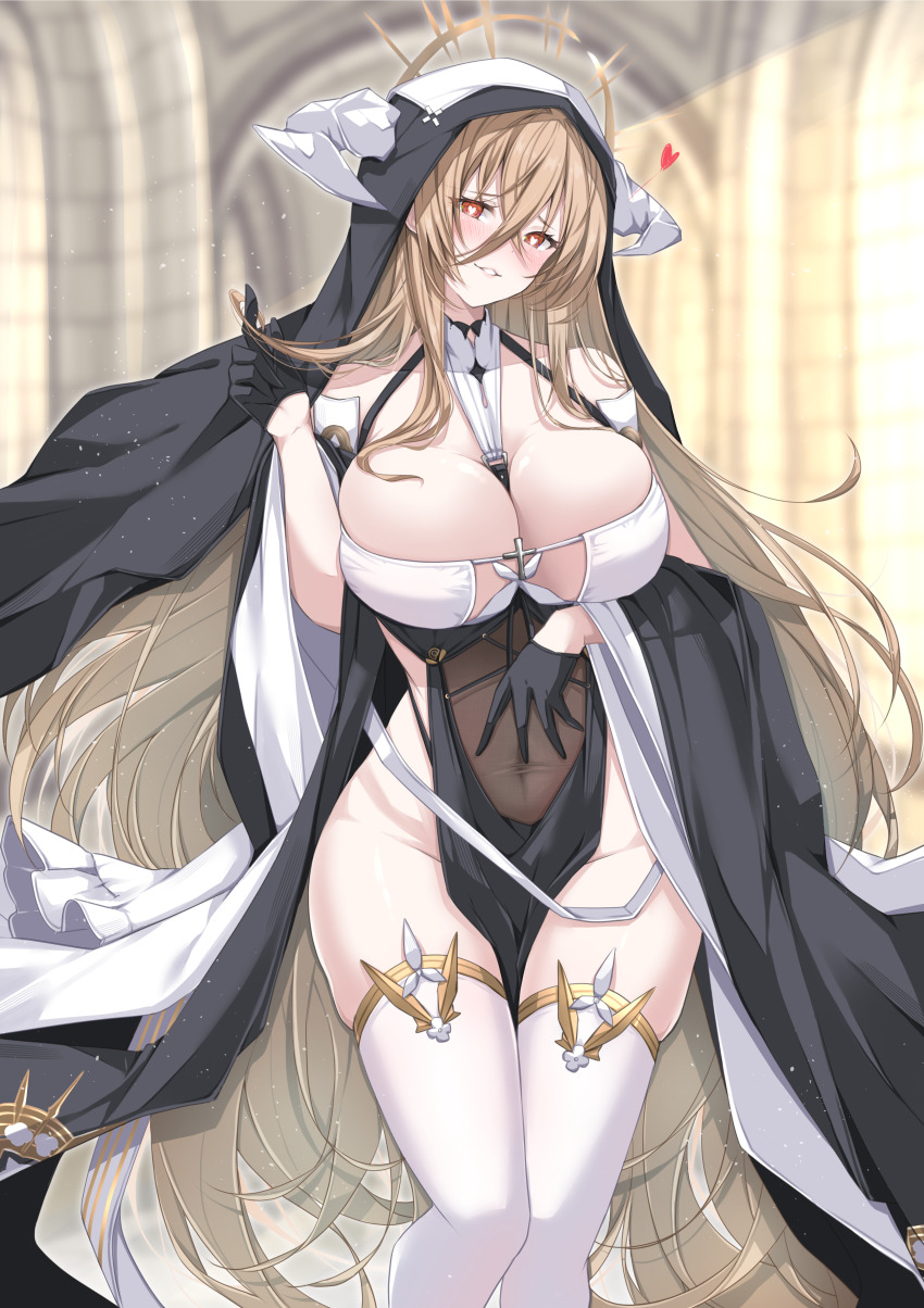 1girl absurdres azur_lane bare_shoulders black_gloves blonde_hair blush breast_cutout breasts cleavage commission covered_navel fake_horns feet_out_of_frame gloves habit hair_between_eyes half_gloves heart heart-shaped_pupils highres horns huge_breasts implacable_(azur_lane) long_hair long_hair_between_eyes long_sleeves looking_at_viewer mikuchi3939 no_panties nun pelvic_curtain red_eyes revealing_clothes skeb_commission solo standing symbol-shaped_pupils thighhighs very_long_hair white_horns white_thighhighs wide_sleeves