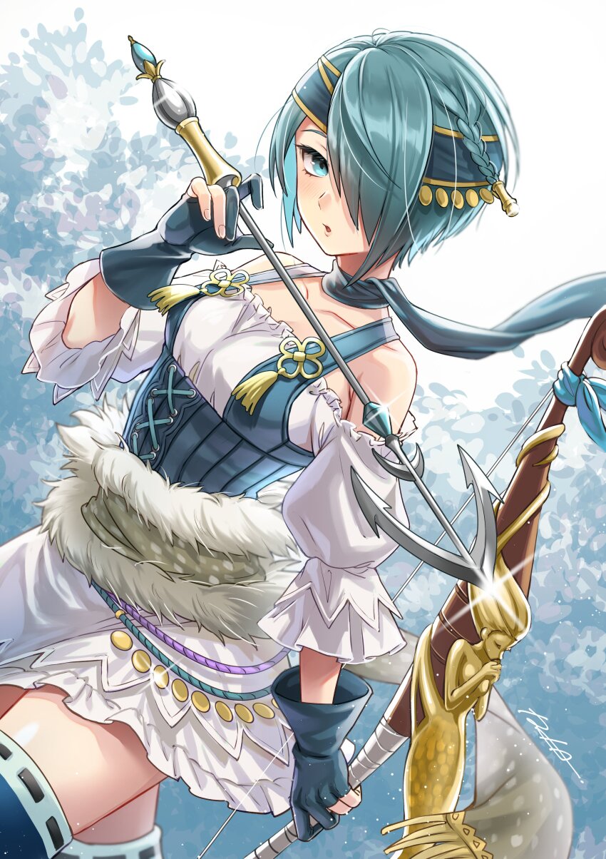 absurdres arrow_(projectile) bare_shoulders blue_eyes blue_hair bow_(weapon) commission fire_emblem fire_emblem_fates gloves headband highres holding holding_arrow holding_bow_(weapon) holding_weapon iria_(yumeirokingyo) looking_at_viewer nintendo partially_fingerless_gloves pirate_costume scarf second-party_source setsuna_(fire_emblem) skeb_commission skirt weapon