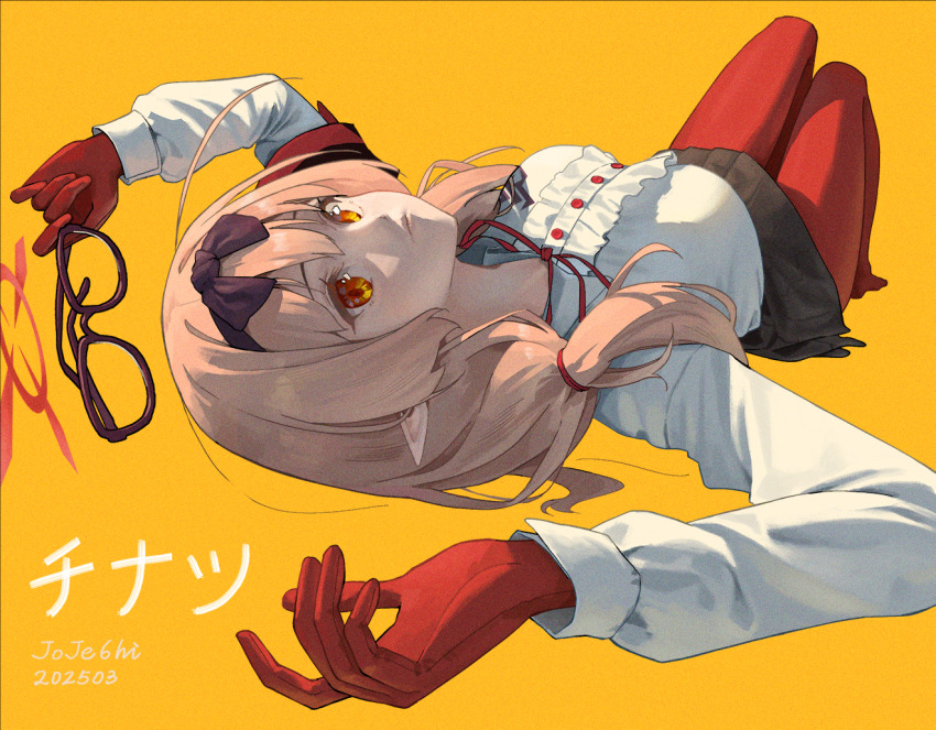 1girl black_bow black_skirt blue_archive bow brown_hair chinatsu_(blue_archive) frilled_shirt frills gloves hair_between_eyes hair_bow hair_ribbon holding holding_removed_eyewear jojeshi long_hair looking_at_viewer lying no_shoes on_back pantyhose red_gloves red_pantyhose red_ribbon ribbon shirt sidelocks skirt unworn_eyewear white_shirt yellow_background yellow_eyes