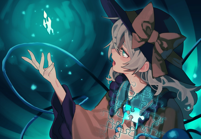 1girl absurdres black_hat bow buttons commentary diamond_button frilled_shirt_collar frills green_eyes green_hair hat hat_bow highres jigsaw_puzzle komeiji_koishi long_hair long_sleeves open_mouth puzzle puzzle_piece shirt touhou touhou_lost_branch_of_legend tuck_(tuck23978434) wide_sleeves yellow_bow yellow_shirt
