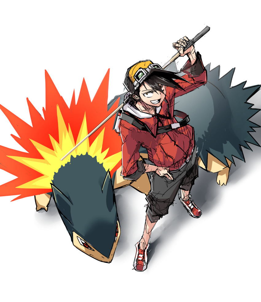 1boy ethan_(pokemon) fire gen_2_pokemon goggles grin hat highres jacket jako_(boke_poke) looking_up male_focus nintendo pokemon pokemon_(creature) pokemon_adventures red_eyes shadow smile staff standing typhlosion white_background yellow_eyes