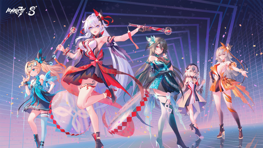5girls aged_down animal_ears artist_request asymmetrical_legwear bare_legs beret black_hair black_high_heels blonde_hair blue_dress blue_eyes boots breasts commentary coralie_6626_planck dog_ears dog_girl dress durandal_(honkai_impact) durandal_(reign_solaris)_(honkai_impact) english_commentary erdos_helia full_body goggles goggles_on_head green_dress grey_eyes grey_hair hair_ornament hat high_heel_boots high_heels highres honkai_(series) honkai_impact_3rd kiana_kaslana kiana_kaslana_(herrscher_of_finality) large_breasts legs mole mole_under_eye multicolored_hair multiple_girls official_art orange_dress ponytail purple_eyes small_breasts standing standing_on_one_leg star-shaped_pupils star_(symbol) symbol-shaped_pupils two-tone_hair uneven_legwear vita_(honkai_impact) white_dress white_hair