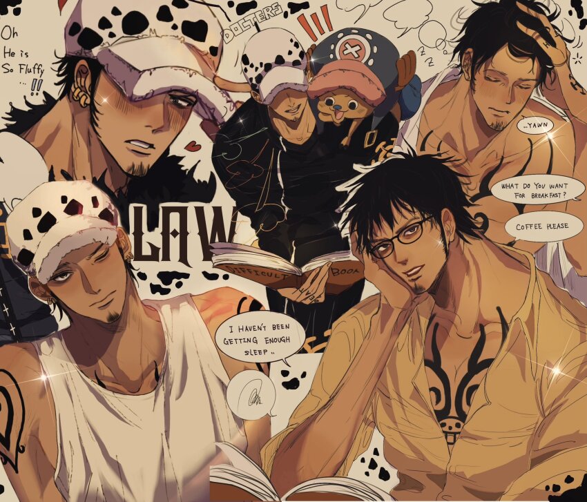 2boys bag black_coat black_hair blush book chest_tattoo coat cross earrings facial_hair glasses goatee hand_tattoo hat head_rest highres holding holding_book hood jewelry male_focus multiple_boys multiple_views on_shoulder one_piece rihirihi613 shirt shoulder_bag sideburns spoken_squiggle squiggle tank_top tattoo tony_tony_chopper trafalgar_law white_tank_top yellow_shirt