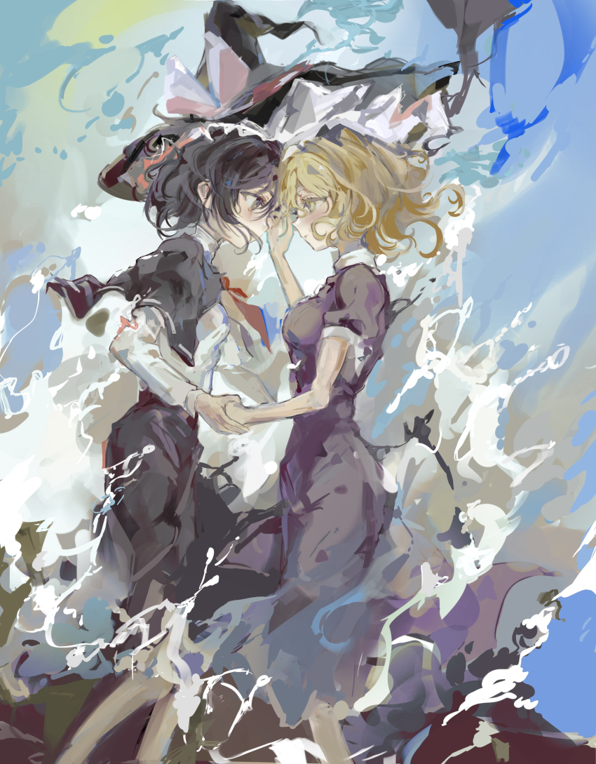 2girls absurdres black_capelet black_hair black_hat black_skirt blonde_hair breasts capelet collared_shirt dress face-to-face grey_pantyhose hand_on_another&#039;s_face hand_up hat highres holding_hands long_sleeves looking_at_another maribel_hearn medium_breasts multiple_girls pantyhose puffy_short_sleeves puffy_sleeves purple_dress sesmkun shirt short_hair short_sleeves skirt small_breasts touhou usami_renko white_shirt yuri