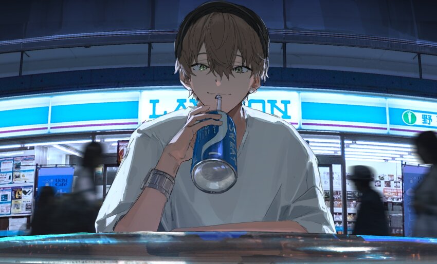 1boy absurdres alban_knox black_hat brown_hair can closed_mouth commentary convenience_store drinking_straw ear_piercing es-ther green_eyes hair_between_eyes hat heterochromia highres holding holding_can lawson looking_at_viewer male_focus night nijisanji nijisanji_en outdoors piercing railing shirt shop short_sleeves silhouette symbol-only_commentary upper_body virtual_youtuber watch white_shirt wristwatch
