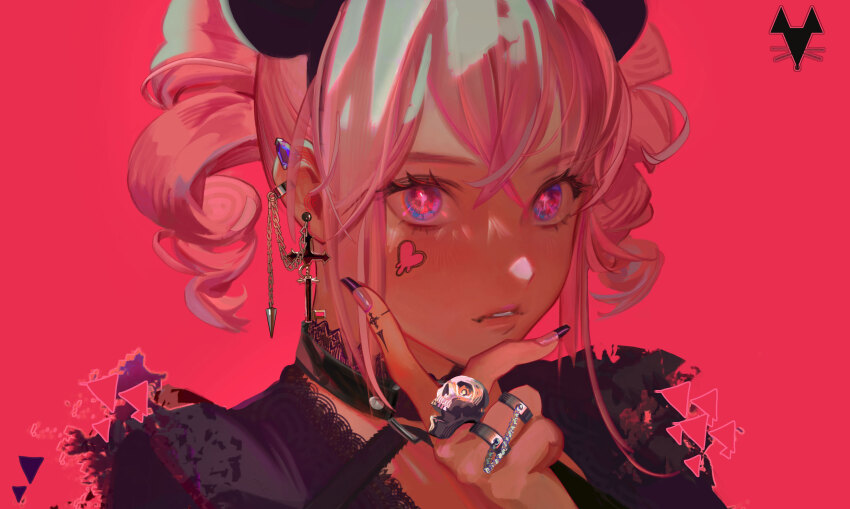 1girl black_hairband black_nails black_shirt blue_eyes blush chain commentary cross cross_earrings curly_hair dated_commentary ear_piercing earrings english_commentary finger_tattoo finger_to_cheek fingernails hair_between_eyes hairband hand_up highres jewelry long_fingernails looking_at_viewer multicolored_eyes nail_polish original parted_lips piercing pink_background pink_eyes pink_hair pink_nails portrait shirt short_hair skull_ring solo sticker_on_face tattoo teeth twintails two-tone_eyes wowmoto2