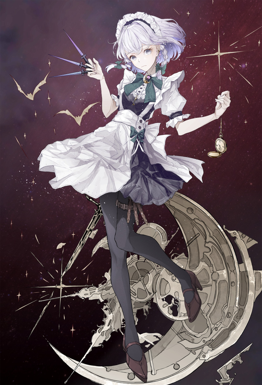 1girl absurdres apron black_pantyhose blue_vest bow braid brown_shoes clock closed_mouth fasuka gem green_bow grey_eyes grey_hair highres holding holding_clock holding_knife izayoi_sakuya knife maid maid_apron maid_headdress pantyhose red_background shoes solo touhou vest white_apron