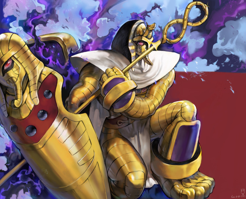 1boy ancient_egyptian_clothes armor artist_name cape digimon digimon_(creature) digimon_xros_wars gloves highres level-00 male_focus mask monster mummy pharaohmon red_eyes shield smoke solo staff