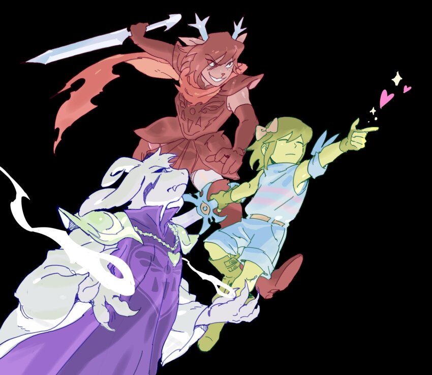 1boy 1girl 1other =_= animal_ears armband armor asriel_dreemurr asriel_dreemurr_(god_of_hyperdeath) black_background black_sclera blue_armband blue_shorts boots bow breastplate brown_boots brown_hair closed_eyes colored_sclera december_holiday deer_ears deltarune fingernails freckles frisk_(undertale) furry furry_female furry_male gloves goat_ears goat_horns grin group_picture hair_bow heart heart_pendant highres holding holding_sword holding_weapon horns outstretched_arm pauldrons pointing purple_robe red_gloves red_hair robe sharp_fingernails short_hair shorts shoulder_armor simple_background smile sparkle sword ttudolee undertale utdr_(toby_fox) weapon