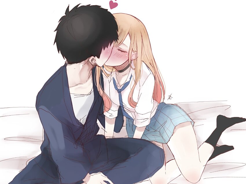 1boy 1girl black_hair blonde_hair blue_skirt blush closed_eyes couple gojou_wakana heart hetero highres kiss kitagawa_marin natsu_1582 shirt sitting skirt sono_bisque_doll_wa_koi_wo_suru white_shirt