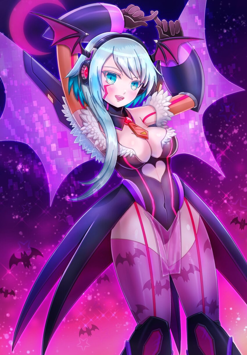 1girl animal_print arm_up bare_shoulders bat_print black_leotard blue_eyes blue_hair body_markings breasts cleavage clothing_cutout commission cosplay cowboy_shot crescent_moon cutout_above_navel darkstalkers demon_wings energy_wings facial_mark gradient_background head_wings heart_cutout highres ico_(megaman_x_dive) kiwakiwa large_breasts leotard long_hair mega_man_(series) mega_man_x_(series) mega_man_x_dive moon morrigan_aensland morrigan_aensland_(cosplay) print_thighhighs purple_background purple_moon purple_thighhighs purple_wings ringed_eyes skeb_commission solo thighhighs wings