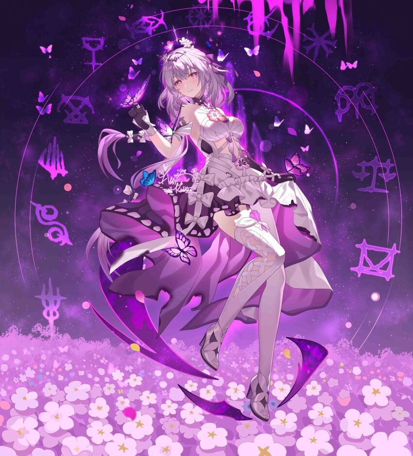 1girl abby_riddle absurdres bare_shoulders black_tiara breasts bug butterfly butterfly_on_hand castorice_(honkai:_star_rail) chinese_commentary commentary_request dress flower hair_flower hair_ornament high_heels highres honkai:_star_rail honkai_(series) insect long_hair medium_breasts pantyhose purple_eyes purple_hair purple_sky single_leg_pantyhose single_thighhigh sky solo thighhighs tiara white_dress white_pantyhose white_thighhighs