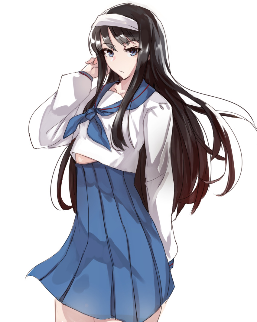 1girl black_hair blue_eyes blue_skirt bow breasts hairband hand_in_own_hair highres jonyeld long_hair long_skirt long_sleeves looking_at_viewer ribbon school_uniform shirt skirt solo tohno_akiha tsukihime white_background white_hairband white_shirt