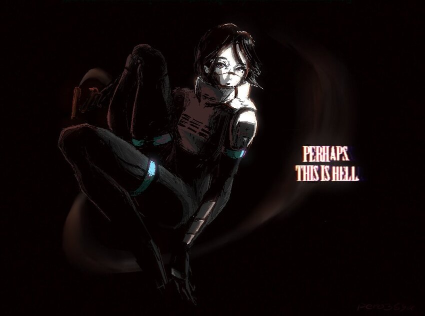 1girl android armor black_background black_bodysuit black_hair black_theme bodysuit cyberpunk elster_(signalis) flare_gun gun metal_skin pero38yu pixel_art robot_girl short_hair signalis simple_background smoke smoking_barrel solo weapon