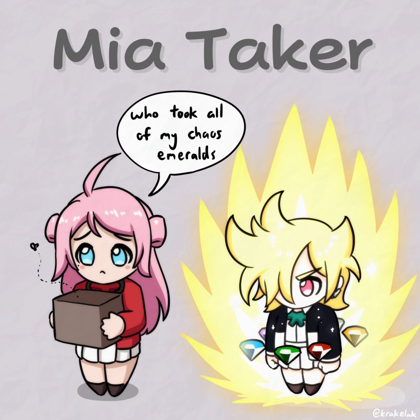2girls :&lt; ahoge aura black_jacket black_shirt blonde_hair blue_eyes blush_stickers box bug chaos_emerald chibi chibi_only collared_shirt cosplay ear_piercing english_text fanged_bangs fly glowing glowing_hair green_ribbon grey_background hair_over_one_eye highres holding holding_box insect jacket krakelak long_hair long_sleeves looking_at_another looking_at_object love_live! love_live!_nijigasaki_high_school_idol_club mia_taylor mole mole_under_eye multicolored_jacket multiple_girls neck_ribbon nijigasaki_school_uniform no_mouth one_eye_covered piercing pink_eyes pink_hair pleated_skirt pun red_jacket red_ribbon ribbon school_uniform shadow shirt short_hair sidelocks skirt sonic_(series) sonic_the_hedgehog sparkle speech_bubble super_sonic super_sonic_(cosplay) text_focus twitter_username two-tone_jacket two_side_up v-shaped_eyebrows white_jacket white_shirt zhong_lanzhu