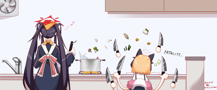 2girls absurdres animal_ear_headphones animal_ears black_dress black_hair black_horns blonde_hair blue_archive cat_ear_headphones chikakei_(tsuki_no_chika_keikoku) cooking cooking_pot death_momoi_(meme) dress english_text facing_away fake_animal_ears faucet fire from_behind fuuka_(blue_archive) halo headphones headscarf highres holding holding_knife horns indoors kitchen_knife knife long_hair long_sleeves meme momoi_(blue_archive) multiple_girls mushroom musical_note red_halo shirt slashing white_shirt yellow_headscarf