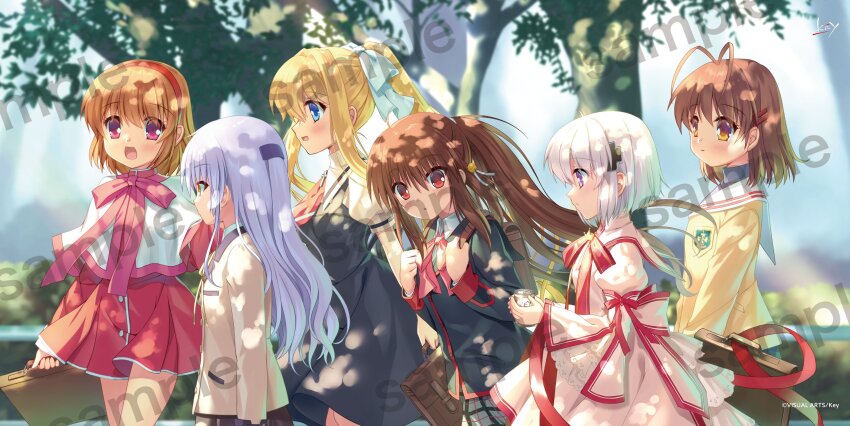 6+girls :d absurdres ahoge air_(visual_novel) angel_beats! artist_collaboration back_bow backpack bag black_dress black_jacket blonde_hair bow brown_bag brown_eyes brown_hair can capelet clannad closed_mouth commentary_request company_connection company_name cowboy_shot cross_hair_ornament crossover dappled_sunlight day dress eyelashes eyes_visible_through_hair frilled_sleeves frills from_side furukawa_nagisa grey_hair grey_skirt hair_between_eyes hair_bow hair_intakes hair_ornament hairband happy highres hikarizaka_private_high_school_uniform hinoue_itaru holding holding_bag holding_can jacket juliet_sleeves kagari_(rewrite) kamio_misuzu kanon kazamatsuri_institute_high_school_uniform key_(company) little_busters! little_busters!_school_uniform long_dress long_hair long_ribbon long_sleeves looking_at_another looking_at_viewer medium_hair multiple_crossover multiple_girls na-ga natsume_rin official_alternate_costume official_art open_mouth outdoors parted_lips pink_dress plaid_clothes plaid_skirt ponytail profile puffy_sleeves purple_eyes red_dress red_eyes red_hairband red_ribbon rewrite ribbon sailor_collar school_bag school_uniform serafuku short_hair sidelocks skirt smile sunlight tachibana_kanade tareme tsukimiya_ayu white_bow white_capelet white_hair white_sailor_collar wide_sleeves yellow_eyes yellow_jacket