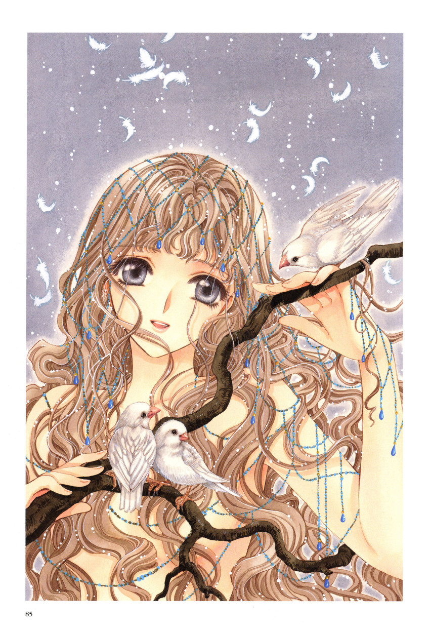 1girl absurdres bird branch brown_eyes brown_hair clamp eyelashes feathers female_focus gem grey_background grey_eyes hair_ornament highres long_hair looking_at_viewer monou_kotori non-web_source nude official_art pearl_(gemstone) scan scan_artifacts smile solo traditional_media wavy_hair x_(manga)