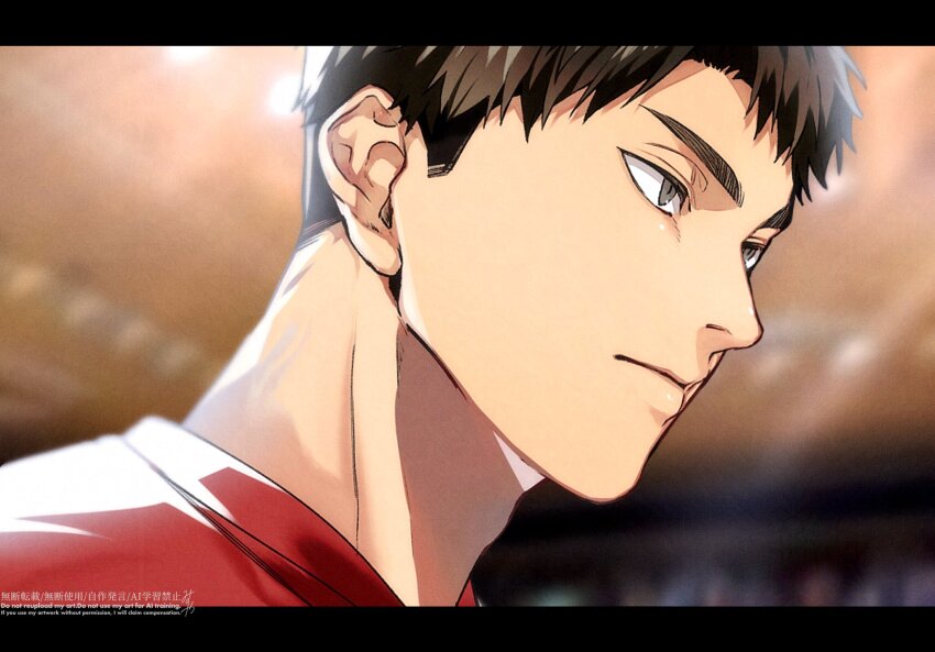 1boy adam&#039;s_apple blurry blurry_background brown_eyes brown_hair closed_mouth commentary_request haikyuu!! highres letterboxed looking_ahead male_focus omg_genjitsu red_shirt shirt short_hair short_sideburns solo thick_eyebrows three_quarter_profile ushijima_wakatoshi