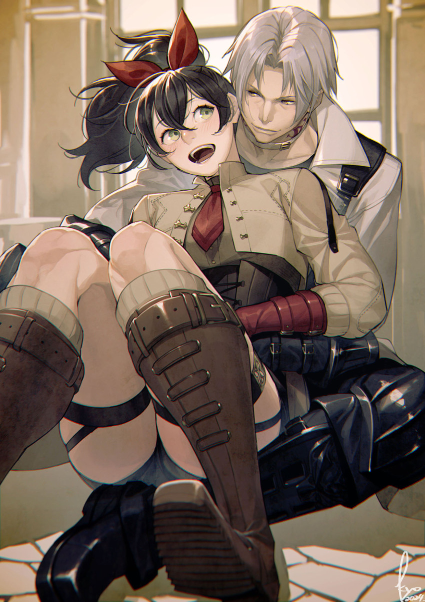 1boy 1girl arm_around_waist black_corset black_footwear black_gloves black_hair blurry blurry_background blush boots brown_footwear character_request choker collared_jacket commentary_request corset cropped_jacket final_fantasy final_fantasy_xiv gloves green_eyes grey_hair hair_between_eyes hair_ribbon highres jacket kyo_(kuroichigo) long_hair looking_at_another neck_tattoo necktie open_mouth parted_bangs ponytail red_gloves red_necktie ribbon short_hair signature sitting tattoo thancred_waters thigh_strap white_choker white_jacket window