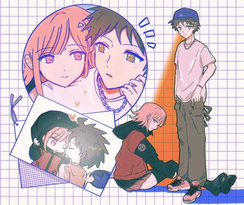1boy 1girl :d alternate_costume black_jacket black_thighhighs brown_hair brown_pants casual couple danganronpa_(series) danganronpa_2:_goodbye_despair grey_shirt hat heart hetero highres hinata_hajime holding hood hood_up jacket jewelry kiss miniskirt multicolored_jacket nanami_chiaki necklace open_mouth pants pink_eyes purple_hat red_jacket shirt skirt smile spiked_hair thighhighs tristia_(renixxxxv) two-tone_jacket white_background