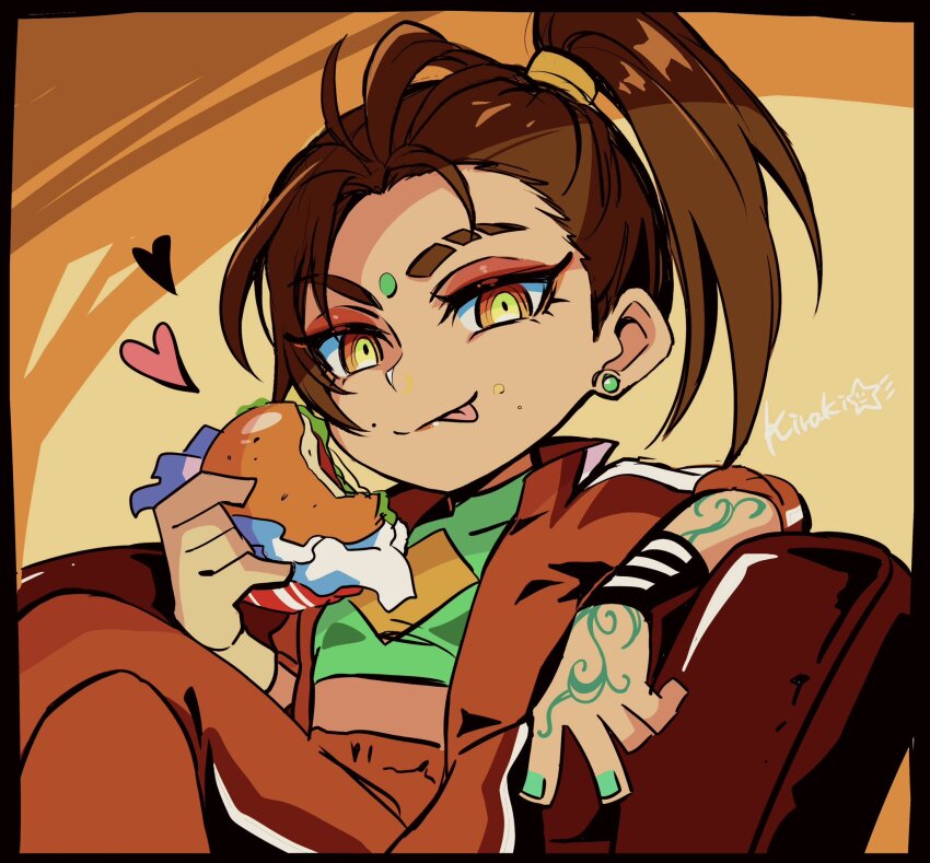1girl apex_legends arm_tattoo artist_name burger earrings eating eyebrow_cut eyeshadow facial_mark food forehead_mark green_nails green_shirt hair_behind_ear heart highres holding holding_food jacket jewelry kiraki makeup orange_background orange_eyes orange_jacket orange_pants pants ponytail rampart_(apex_legends) red_eyeshadow shirt sitting solo star_(symbol) tattoo v v-shaped_eyebrows wristband