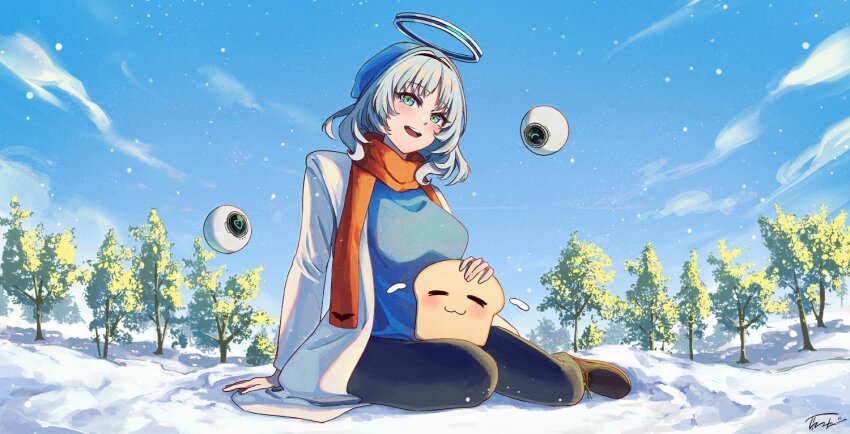 &gt;_&lt; 1girl :3 black_pants black_shoes blue_eyes blue_hair blue_sweater blush bread breasts cloud food horns jacket kamishiro_rita looking_up medium_breasts open_mouth pants prism_project shoes short_hair sky smile snow solo sweater tinedesu tree virtual_youtuber white_jacket