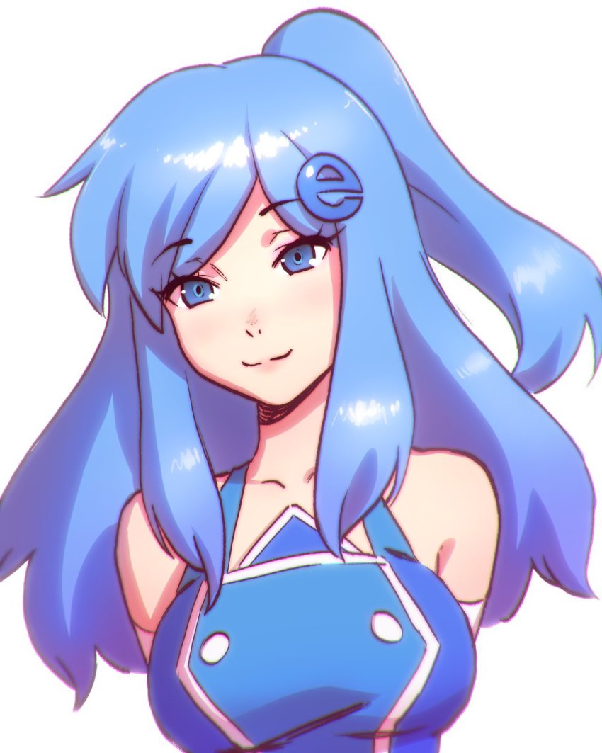 1girl :3 arms_behind_back blue_dress blue_eyes blue_hair collarbone dress elbow_gloves eyelashes gloves hair_ornament halterneck highres ilya_kuvshinov internet_explorer internet_explorer_(merryweather) internet_explorer_(webcomic) looking_at_viewer ponytail simple_background solo white_gloves