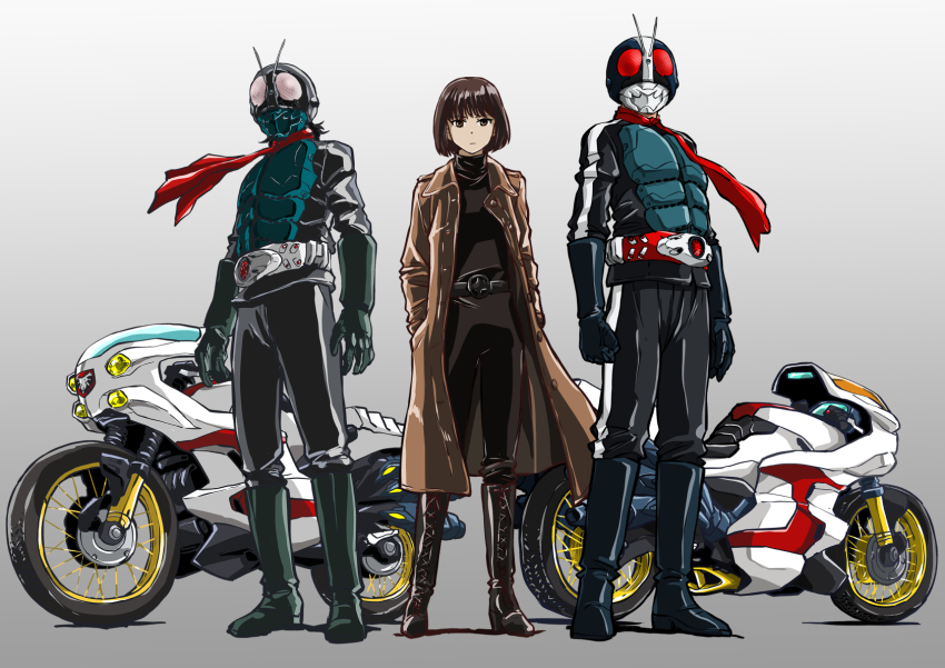 1girl 2boys armor belt black_gloves black_hair black_pants bodysuit boots bug coat compound_eyes cyclone_(kamen_rider) full_body gloves grasshopper green_armor green_gloves green_helmet grey_background helmet highres insect kamen_rider kamen_rider_1 kamen_rider_1_(shin) kamen_rider_2 kamen_rider_2_(shin) long_coat long_sleeves looking_at_viewer midorikawa_ruriko_(shin_kamen_rider) multiple_boys pants red_eyes red_scarf rider_belt scarf shin_kamen_rider short_hair taiga_hiroyuki tokusatsu trench_coat typhoon_(kamen_rider)