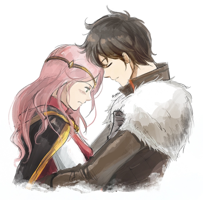 1boy 1girl artist_name brown_hair cape closed_eyes commentary_request couple frederica_aesfrost gloves hug long_hair niyasu pink_hair serenoa_wolffort simple_background tagme triangle_strategy upper_body white_background
