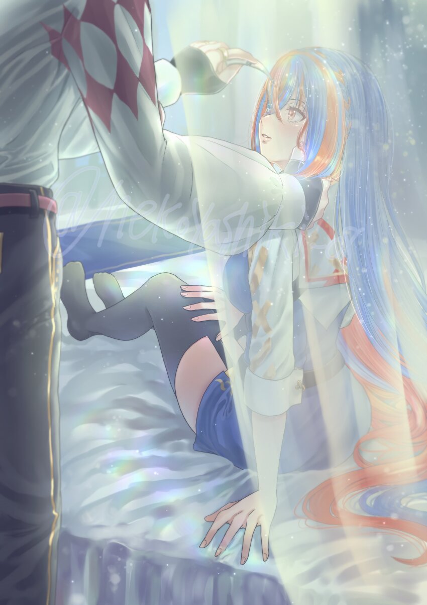 1boy 1girl absurdres ass blue_eyes blue_hair braid breasts crossed_bangs crown_braid diamond_print female_alear_(fire_emblem) fire_emblem fire_emblem_engage heterochromia highres long_hair medium_breasts multicolored_hair nekoyashiki_08 nintendo on_bed rafal_(fire_emblem) red_eyes red_hair solo_focus split-color_hair two-tone_hair