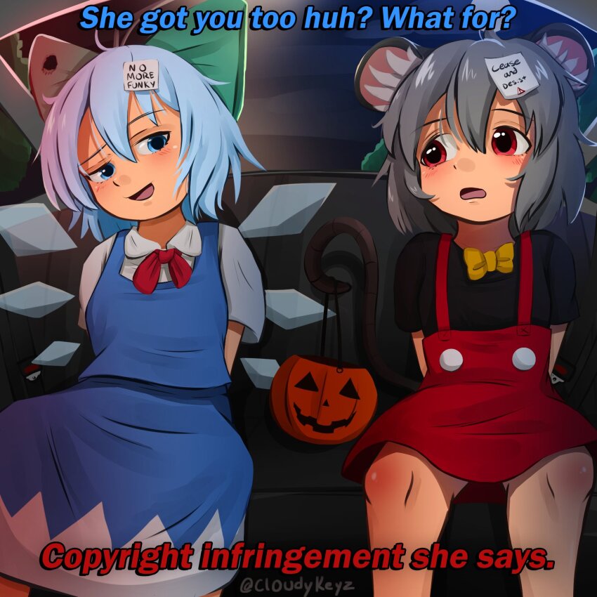 2girls animal_ear_fluff animal_ears arms_behind_back black_shirt blue_dress blue_eyes blue_hair bow bucket car_interior cirno cloudykeyz cosplay disney dress english_text fairy fairy_wings green_bow grey_hair hair_bow halloween halloween_bucket halloween_costume highres holding holding_bucket holding_with_tail ice ice_wings light_blue_hair light_blush mickey_mouse mickey_mouse_&amp;_friends mickey_mouse_(cosplay) mouse_ears mouse_tail multiple_girls nazrin open_mouth prehensile_tail red_dress red_eyes shirt short_hair short_sleeves sitting smile sticky_note tail touhou twitter_username watermark white_shirt wings
