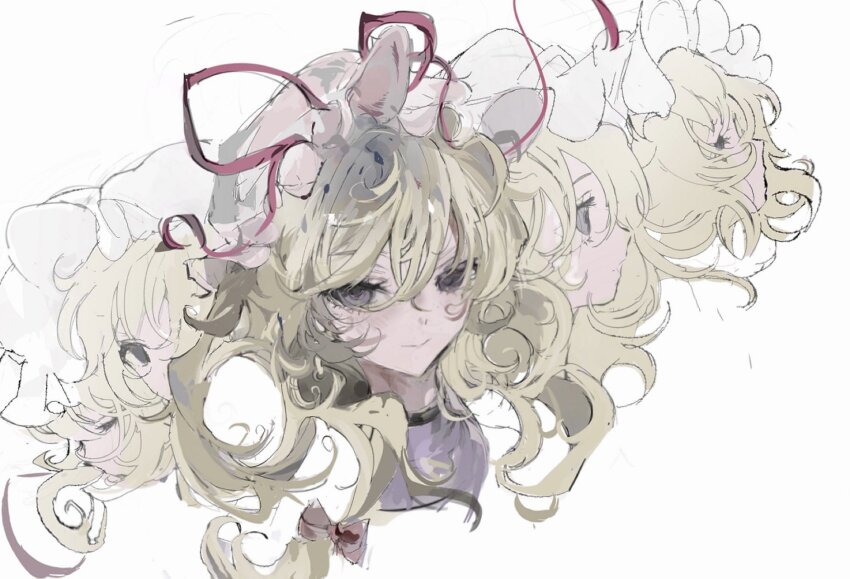 1girl blonde_hair closed_eyes expressionless hair_between_eyes hair_ribbon hat highres light_smile long_hair looking_at_viewer looking_to_the_side mob_cap multiple_expressions portrait profile purple_eyes purple_tabard ribbon sesmkun tabard touhou variations wavy_hair white_background yakumo_yukari