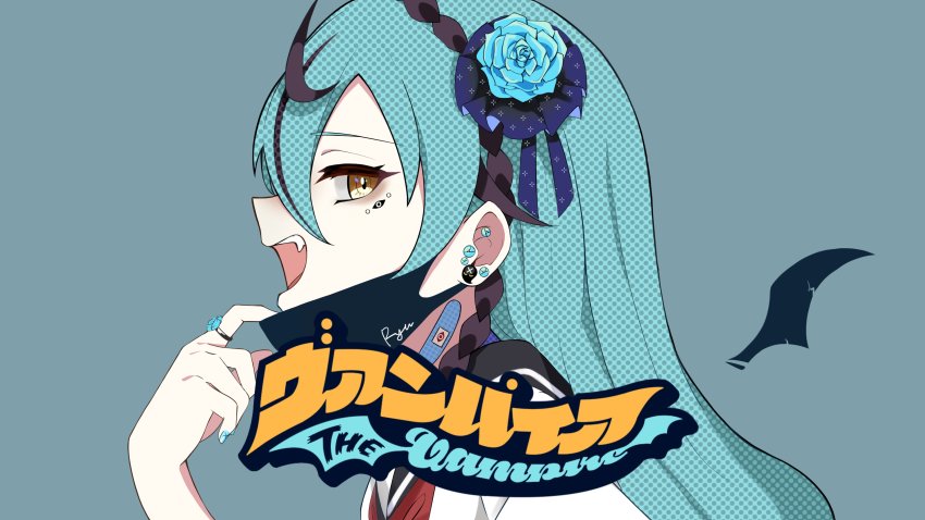 1girl absurdres alternate_costume bandaid bandaid_on_neck black_hair blue_background blue_flower blue_rose earrings flower from_side hair_behind_ear hair_flower hair_ornament highres jewelry mask mask_pull mouth_mask multicolored_hair nijisanji nijisanji_kr rose ryu_hari ryuryuyangyang school_uniform serafuku solo streaked_hair vampire_(vocaloid) virtual_youtuber vocaloid yellow_eyes