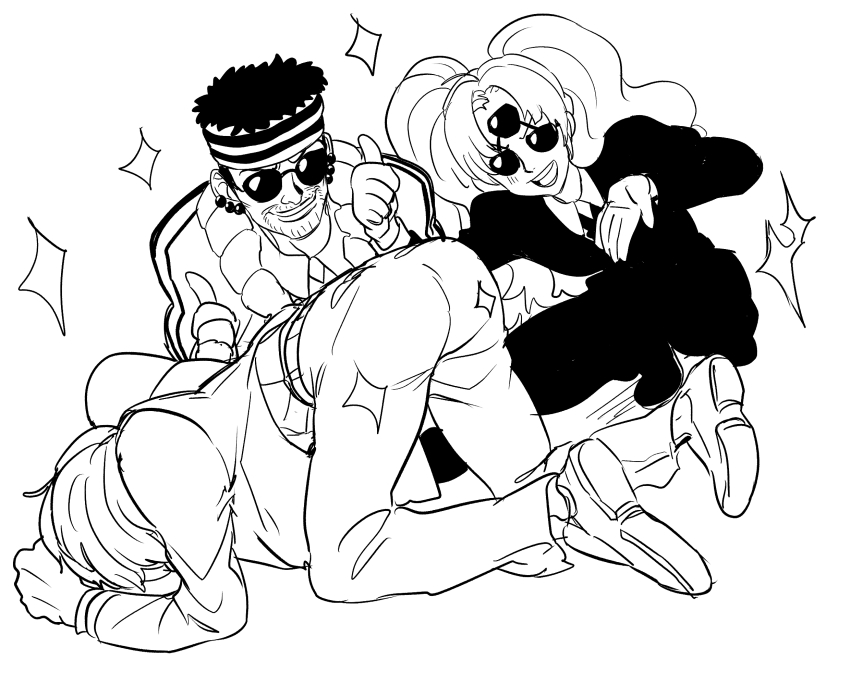 1girl 2boys all_fours ass blush charlotte_pudding formal_clothes full_body gangnam_style gin_(one_piece) gloves hetero highres jacket long_hair monochrome multiple_boys one_piece open_mouth pants parody rita_ya sanji_(one_piece) shoes short_hair smile sparkle suit sunglasses third_eye thumbs_up twintails yaoi