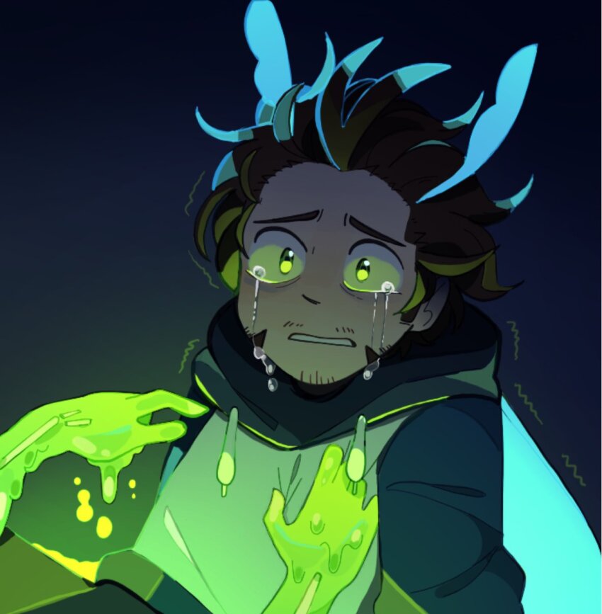 2boys antennae beard_stubble commentary crying drawstring english_commentary facial_hair glowing highres hood hoodie male_focus minecraft_youtube monster_boy multiple_boys origins_smp shaking short_hair simple_background sleepy_cheeky slime_boy slimecicle sneegsnag solo_focus stubble wide-eyed