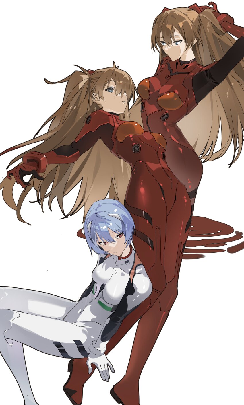 2girls absurdres ayanami_rei blue_eyes blue_hair bodysuit breasts buri_(retty9349) hair_between_eyes highres interface_headset_(evangelion) long_hair mecha_pilot_suit medium_breasts multiple_girls neon_genesis_evangelion orange_hair plugsuit_(evangelion) red_bodysuit red_eyes short_hair simple_background souryuu_asuka_langley white_background