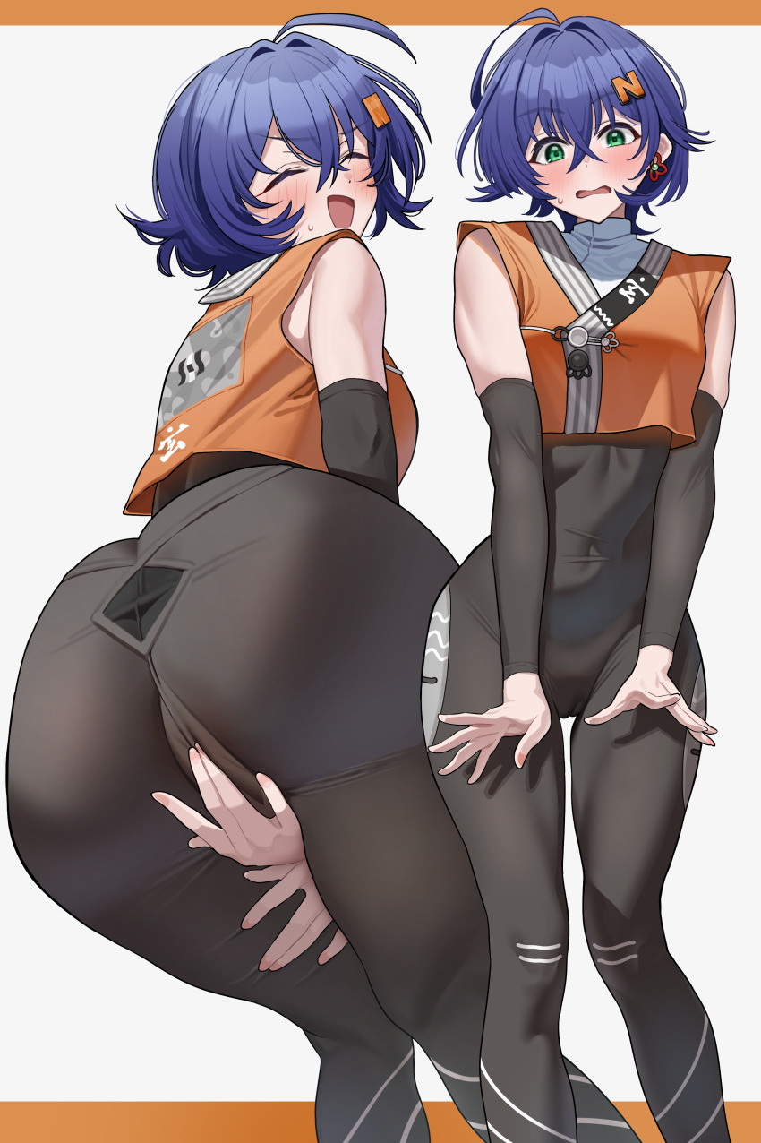 1girl absurdres ahoge alternate_costume ass bare_shoulders belle_(zenless_zone_zero) blue_hair blush bodystocking border commentary_request covered_navel covering_crotch covering_privates crop_top cropped_shirt crossed_bangs feet_out_of_frame green_eyes hair_between_eyes hair_intakes hair_ornament highres letter_hair_ornament letterboxed looking_at_viewer looking_back medium_hair multiple_views open_mouth orange_shirt outside_border ramanda shirt simple_background standing white_background zenless_zone_zero