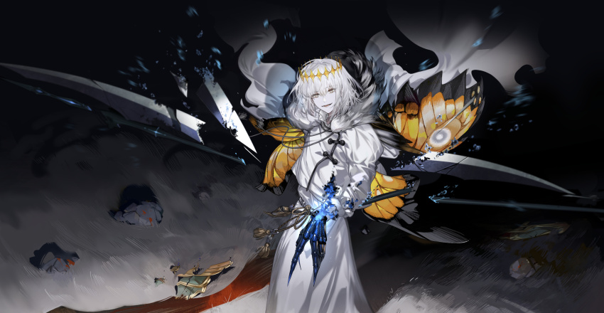 1boy arlizi arthropod_limbs belt belt_pouch blood blood_on_ground blue_fire broken broken_weapon butterfly_wings cape cowboy_shot crown fate/grand_order fate_(series) fire flaming_hand fur-trimmed_cape fur_trim grass grey_eyes grey_hair hair_between_eyes highres insect_wings jacket juliet_sleeves long_sleeves looking_at_viewer lower_teeth_only male_focus oberon_(fate) oberon_(second_ascension)_(fate) oberon_(third_ascension)_(fate) open_mouth outdoors pouch puffy_sleeves revision robe rock short_hair smile solo spoilers tassel teeth transformation weapon white_cape white_jacket white_robe wide_shot wings