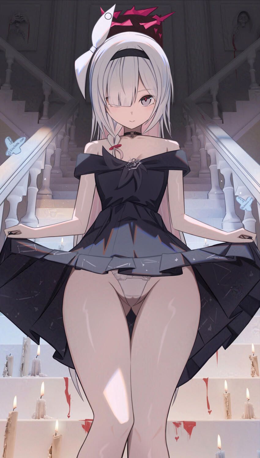 1girl absurdres alternate_costume bare_legs bare_shoulders black_choker black_dress black_hairband blue_archive blush braid breasts choker cleavage clothes_lift dress from_below grey_eyes hair_over_one_eye hair_ribbon hairband highres kitabana long_hair looking_at_viewer panties ribbon sidelocks single_braid skirt skirt_lift solo underwear white_hair white_panties white_ribbon