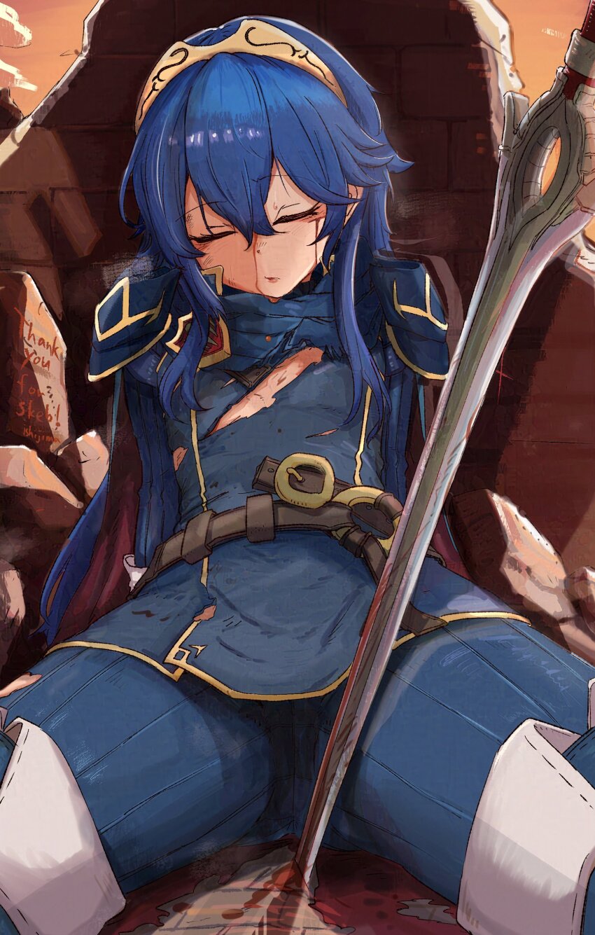 1girl absurdres artist_name belt blood blue_hair blue_shirt closed_eyes commentary_request defeat falchion_(fire_emblem) fire_emblem fire_emblem_awakening flat_chest highres ishijimajirou lucina_(fire_emblem) nintendo planted planted_sword planted_weapon shirt shoulder_pads sitting solo sword thick_thighs thighs tiara torn_clothes weapon