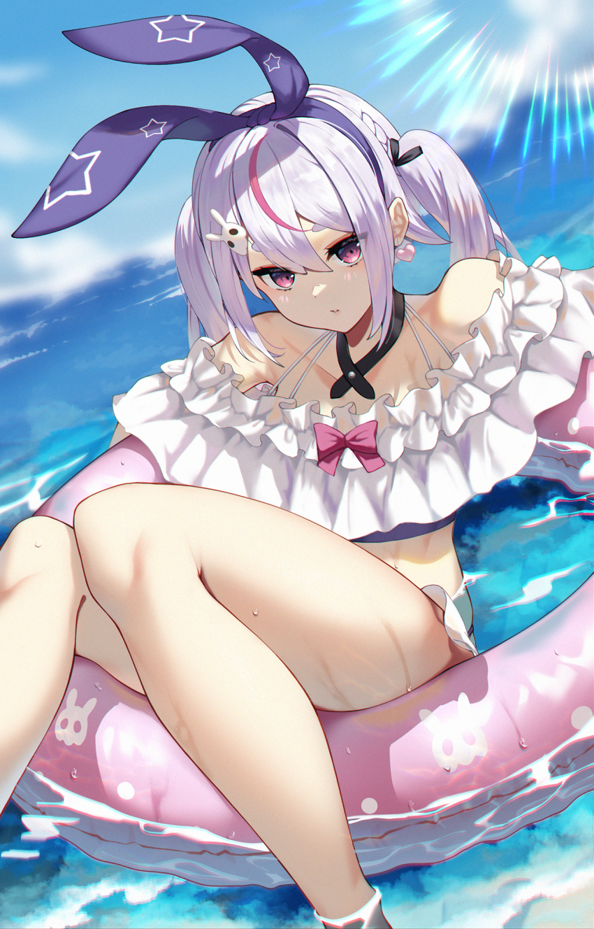 1girl afloat bare_shoulders bikini bikini_skirt black_choker blue_bikini blue_hairband blue_sky choker earrings frilled_bikini frills grey_hair hair_ornament hairband heart heart_earrings highres innertube jewelry long_hair looking_at_viewer multicolored_hair ocean off-shoulder_bikini off_shoulder pink_hair purple_eyes purple_hair rabbit_hair_ornament shioneko_(0202) short_eyebrows sky solo streaked_hair swim_ring swimsuit thighs tosaki_mimi tosaki_mimi_(summer_c102) twintails virtual_youtuber vspo! water wet white_bikini