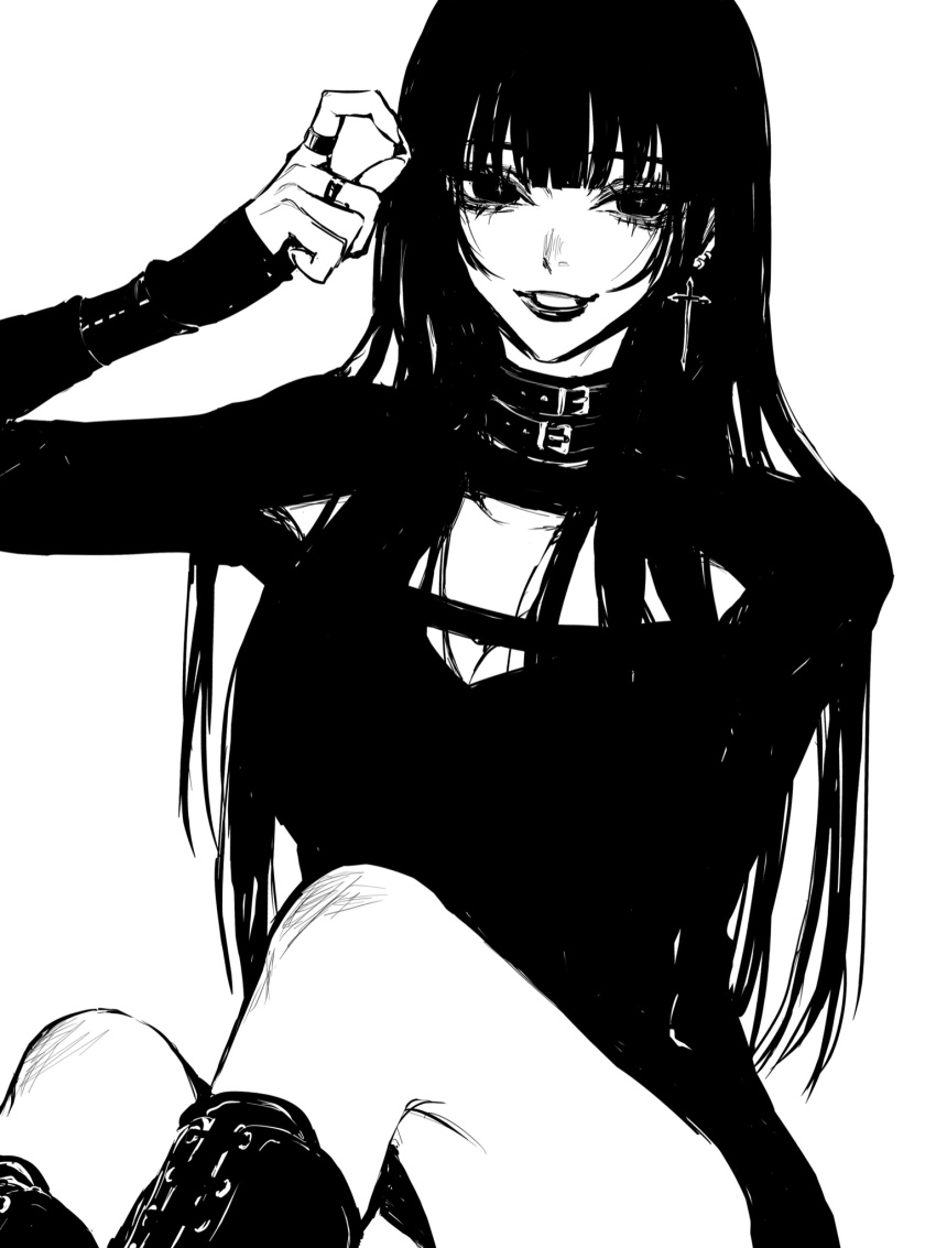 1girl belt_collar clothing_cutout collar cowboy_shot cross cross_earrings earrings greyscale highres jewelry lips long_hair long_sleeves looking_at_viewer monochrome multiple_rings original ring shirt simple_background smile solo teeniika white_background wispy_bangs